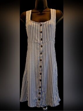 American Eagle Striped Button-Front Mini Dress | Blue White Sleeveless A-Line